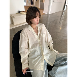 IMISS韩系简约V领气质蕾丝花边拼接设计感苎麻休闲宽松衬衫上衣女