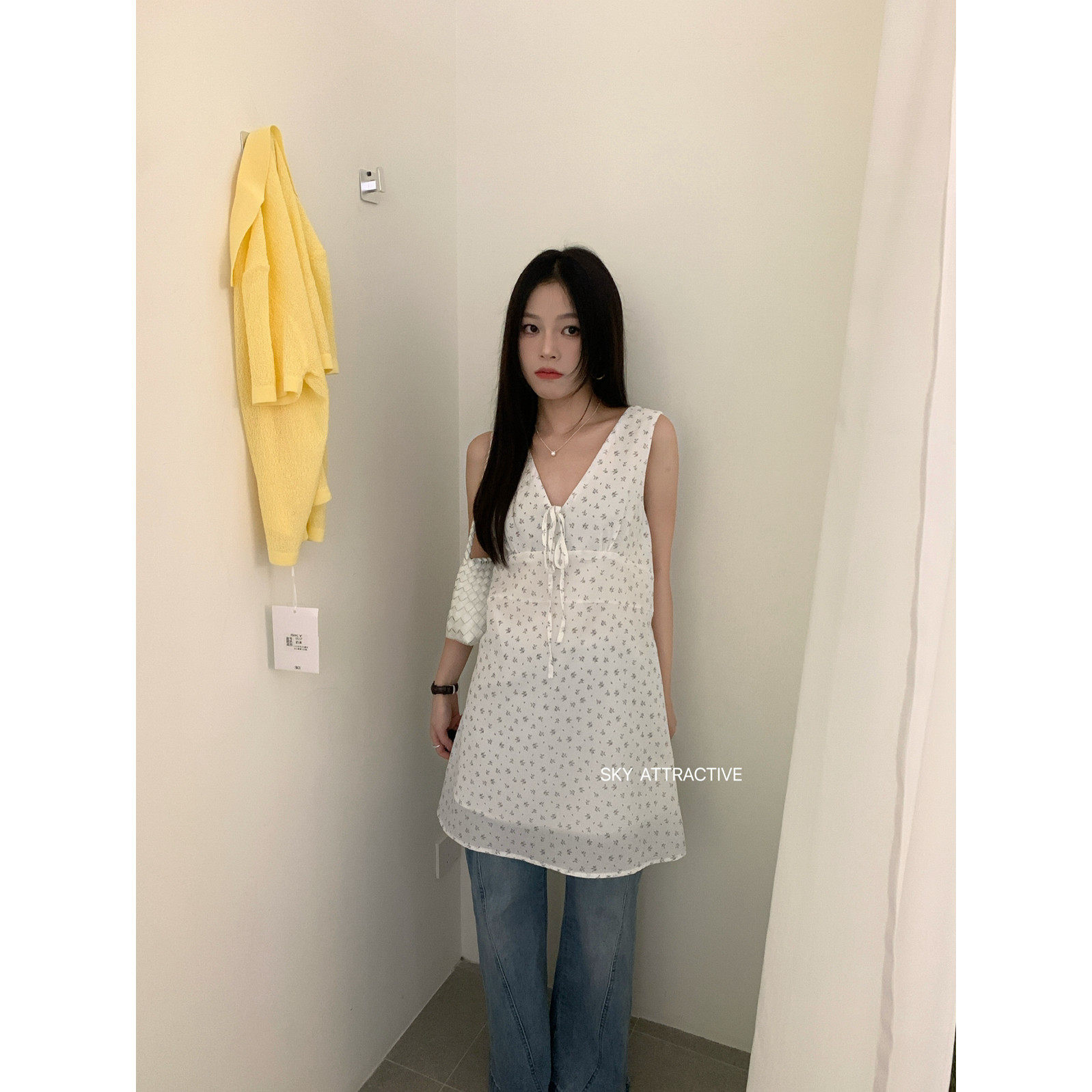 SKY法式显瘦简约气质百搭宽松休闲甜美碎花叠穿背心裙连衣裙女夏