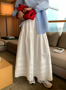 KITTIN韩系简约高腰氛围感宽松型松紧腰花边蛋糕裙A型半身裙女春