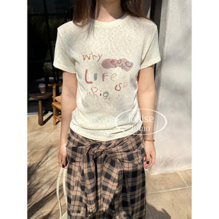 T恤女装 DIGM夏季 韩系简约休闲百搭彩色涂鸦字母印花圆领正肩短袖