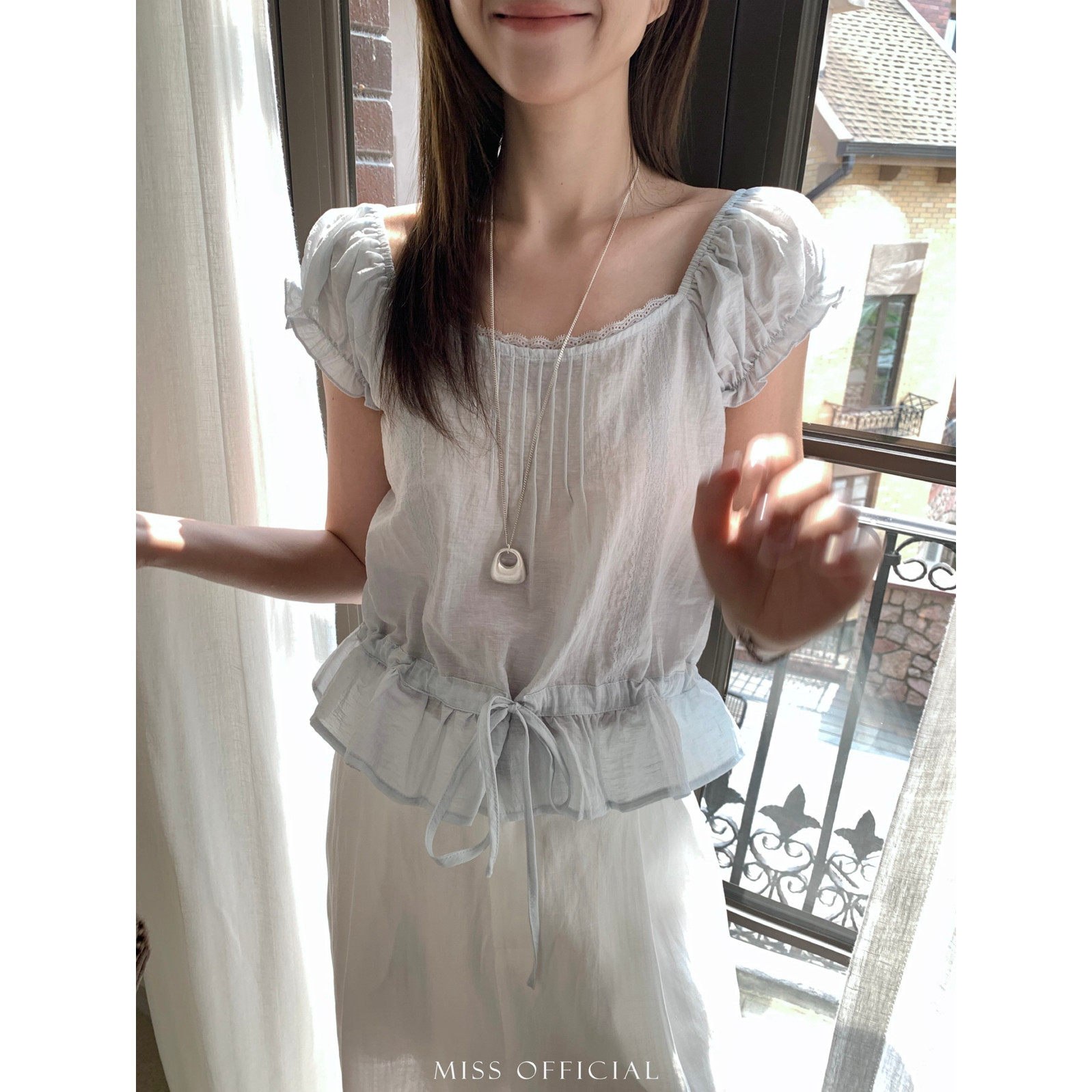MISS密思家设计感蕾丝拼接领子系带木耳边泡泡袖小衫上衣女夏季
