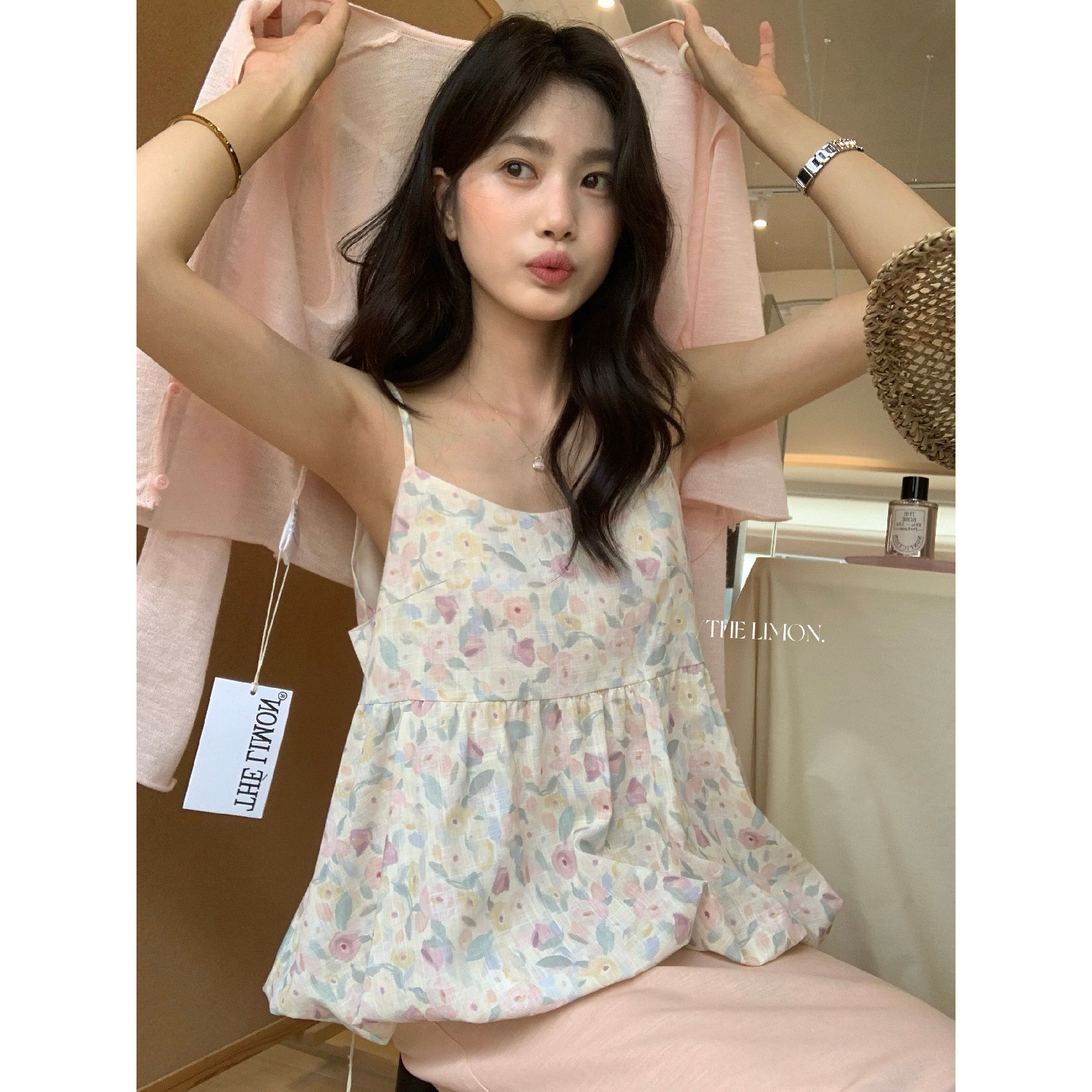 柠檬绿茶-夏日午后少女感吊带碎花甜美背心(不含开衫)10586