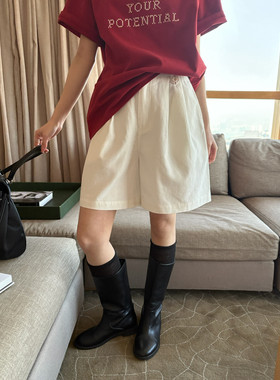 KITTIN韩系高腰气质高智风双褶廓型莱赛尔竹节休闲宽松短裤女春季