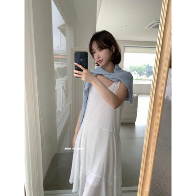 IMISS韩系简约V领垂感显瘦休闲宽松花边拼接不规则吊带连衣裙女春