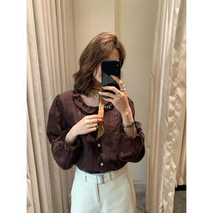 女春季 Hers韩系简约时尚 潮流百搭复古提花压褶设计感波边领小衫