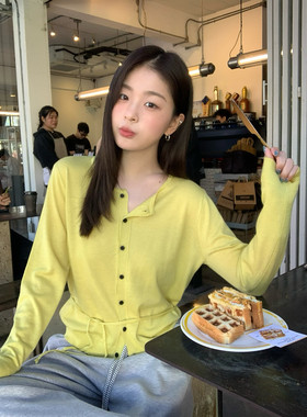 KITTIN韩系清新温柔甜美系多巴胺圆领单排扣针织开衫女春(配腰绳)