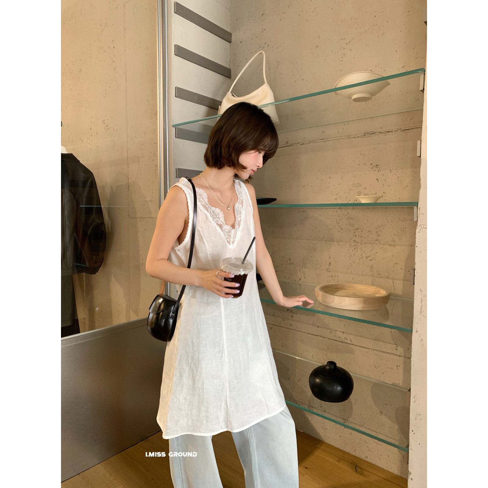 IMISS夏季韩版舒适修身显瘦绝美亚麻蕾丝边叠穿背心连衣裙女