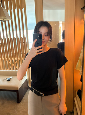 KITTIN韩系圆领简约纯色气质休闲宽松盐系肌理感正肩短袖T恤女春