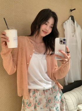 THE LEMON柠檬绿茶夏季韩版宽松圆领花边镂空薄款防晒针织开衫女