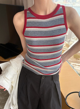 KITTIN韩系圆领复古条纹撞色设计感高级羊毛混纺针织修身背心女春