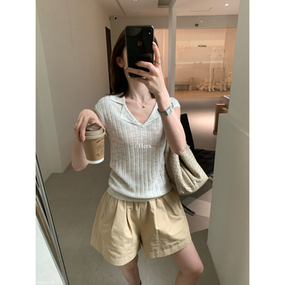Hers-夏上新韩标简调性利落老钱日常V领POO衫08223#