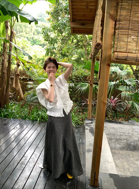 Hers韩版简约高腰宽松A字裙休闲系带设计感绑带条纹半身裙女夏季