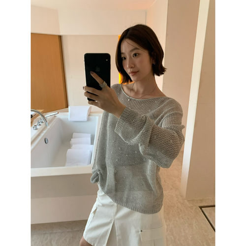 KITTIN韩系通勤气质慵懒风镂空莱赛尔亚麻宽松针织衫+背心套装女