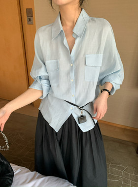 KITTIN韩系翻领极简通勤显瘦莱赛尔亚麻慵懒休闲衬衫女春(配腰带)