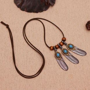 复古做旧民族风羽毛项链女吊坠 波西米亚个性饰品百搭长款毛衣链
