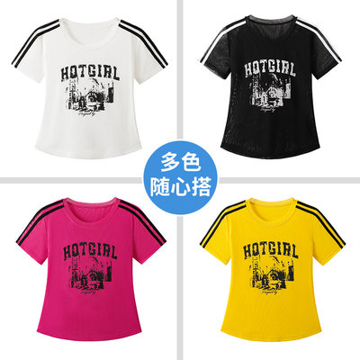 广场舞夏季新款服装网纱冰感条纹印花短袖女透气宽松舒适大码T恤