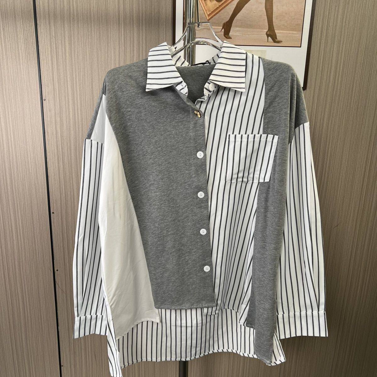 4049撤柜cg大码女装时尚条纹拼接设计款衬衫