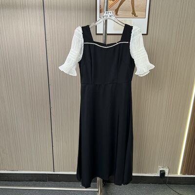 2041撤柜AL夏季雪纺时尚法式拼接气质裙子长裙短袖收腰连衣裙