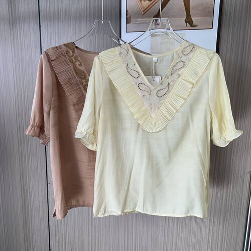 3111品牌撤柜LD夏季夏款V领缕空醋酸短袖衬衫上衣宽松版
