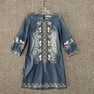 2030品牌撤柜SD春秋款重工刺绣民族风牛仔连衣裙女九分喇叭袖裙子