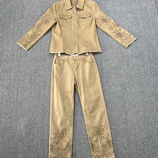 2283撤柜SD港味时尚复古短款牛仔长袖夹克外套高腰筒裤两件套装女