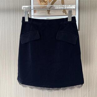 11005品牌撤柜atu秋冬款 A字裙高级短裙 灯芯绒拼接蕾丝花边修身