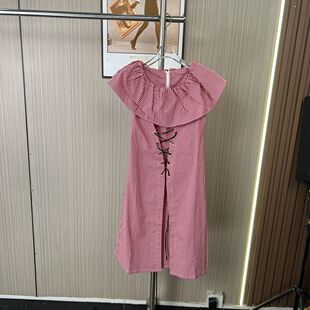 1304撤柜ft法式 夏季 新款 气质显瘦长裙 格子连衣裙清新收腰修身
