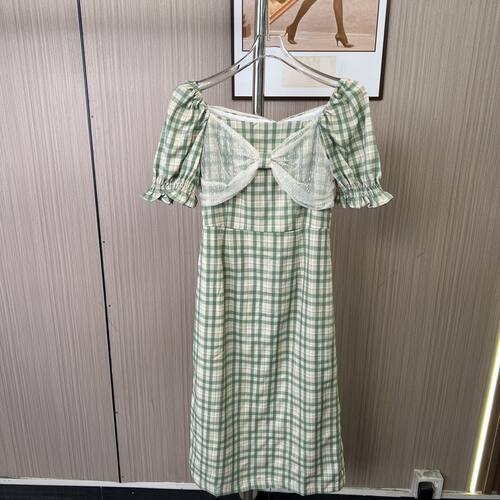1058撤柜AL夏季新款女装法式复古方领格子连衣裙裙子长裙