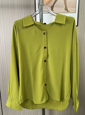 4012撤柜cg长袖法式新款大码绿色衬衫设计宽松气质衬衣