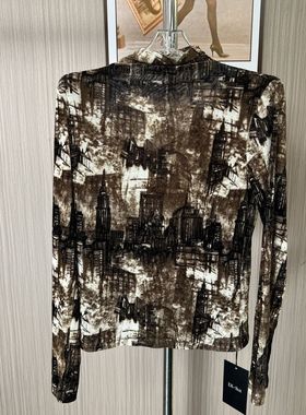 6529撤柜DS高领丝网打底新款修身洋气秋季长袖气质印花小衫上衣