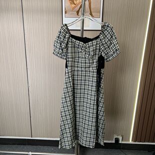 1023撤柜AL夏季长裙泡泡设计收腰连衣裙法式格子桔梗显瘦气质裙子