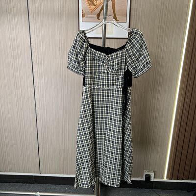 1023撤柜AL夏季长裙泡泡设计收腰连衣裙法式格子桔梗显瘦气质裙子