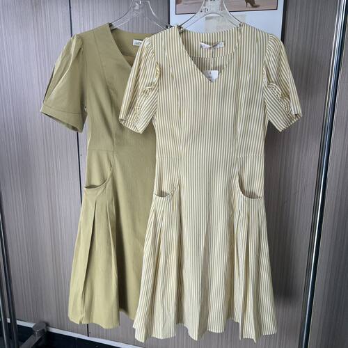 6232品牌撤柜Ld夏季新款收腰口袋连衣裙女过膝款短袖裙子