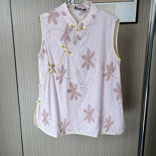 0732品牌撤柜CH夏装新款提花立体刺绣改良版苎麻衬衫女无袖上衣