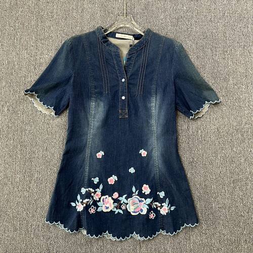 2058品牌撤柜SD夏季新款弹力牛仔衬衫短袖刺绣上衣
