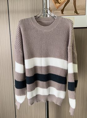 9329撤柜慵懒套头撞色条纹毛衣秋冬新款圆领针织衫长袖上衣