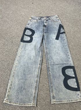 8918撤柜高腰牛仔裤春装新款字母宽松裤直拖地显瘦百搭