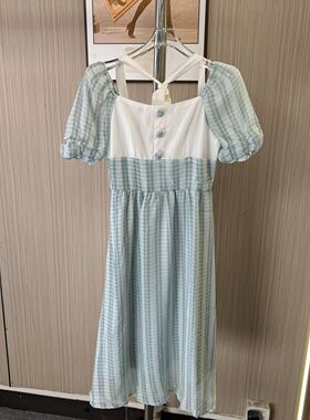 1110撤柜AL夏季时尚连衣裙方领夏装格子新款气质温柔法式泡泡裙子