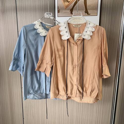 3323品牌撤柜LD夏季夏款蕾丝娃娃领短袖天丝衬衫上衣女