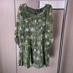 5542品牌撤柜CH女装夏季新款长袖绿色连衣裙方领修身百褶短裙