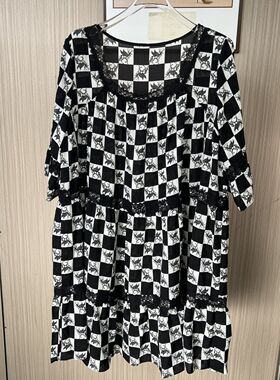 9206品牌撤柜南油货时尚连衣裙流行五分新款格子宽松长裙印花圆领