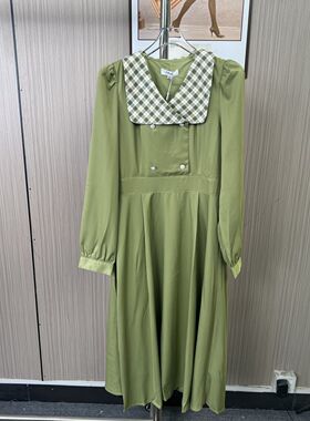 1238撤柜AL新款法式连衣裙秋季气质收腰绿色长裙裙子