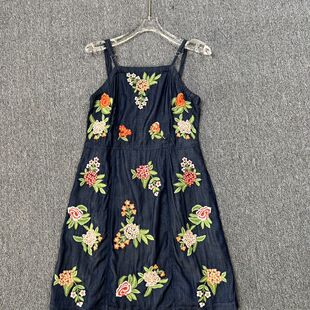 2054品牌撤柜SD夏季新款重工刺绣花朵图案吊带裙牛仔连衣裙女潮