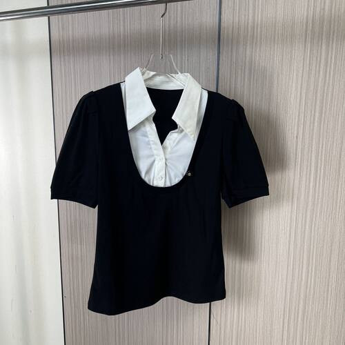 4443剪标假两件短袖夏季新款拼接翻领T恤短款女显瘦撞色百搭上衣