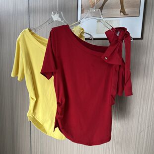 1448品牌撤柜女装夏装新款蝴蝶结露肩短袖T恤女褶皱显瘦上衣弹力