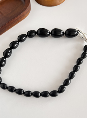 渐变天然椭圆黑玛瑙串珠项链小众高级ot扣锁骨链小众设计锁骨链