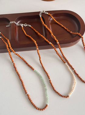 天然玛瑙淡水珍珠拼接橄榄珠串珠项链女小众设计高级感锁骨链银色