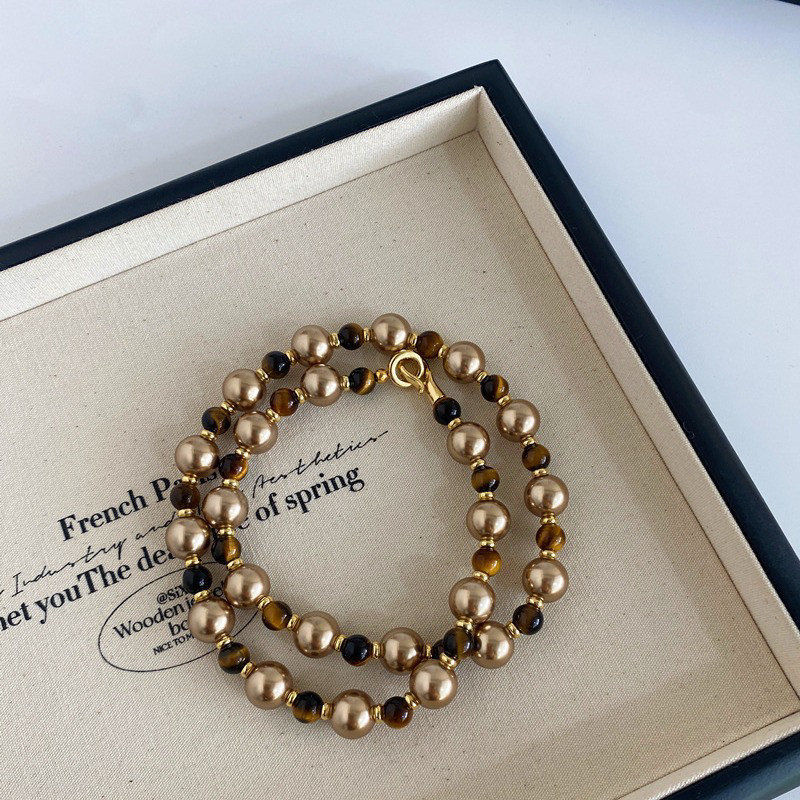 秋冬新款美拉德虎眼石摩卡金棕珍珠混彩项链小众高级轻奢毛衣链女