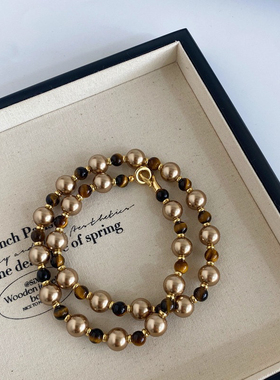 秋冬新款美拉德虎眼石摩卡金棕珍珠混彩项链小众高级轻奢毛衣链女