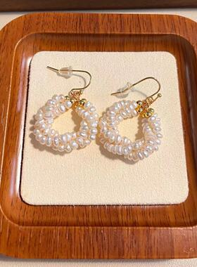 天然巴洛克小米珍珠手作耳环女气质优雅法式小香风复古耳钩耳圈